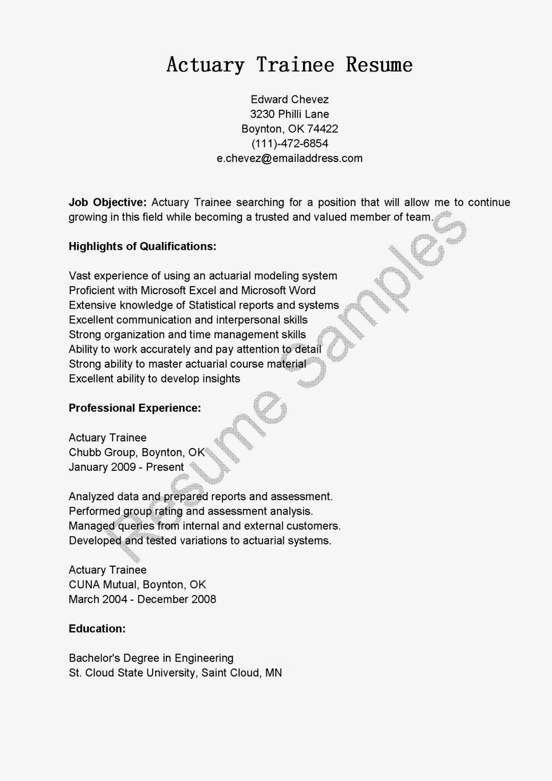 Actuary resume samples